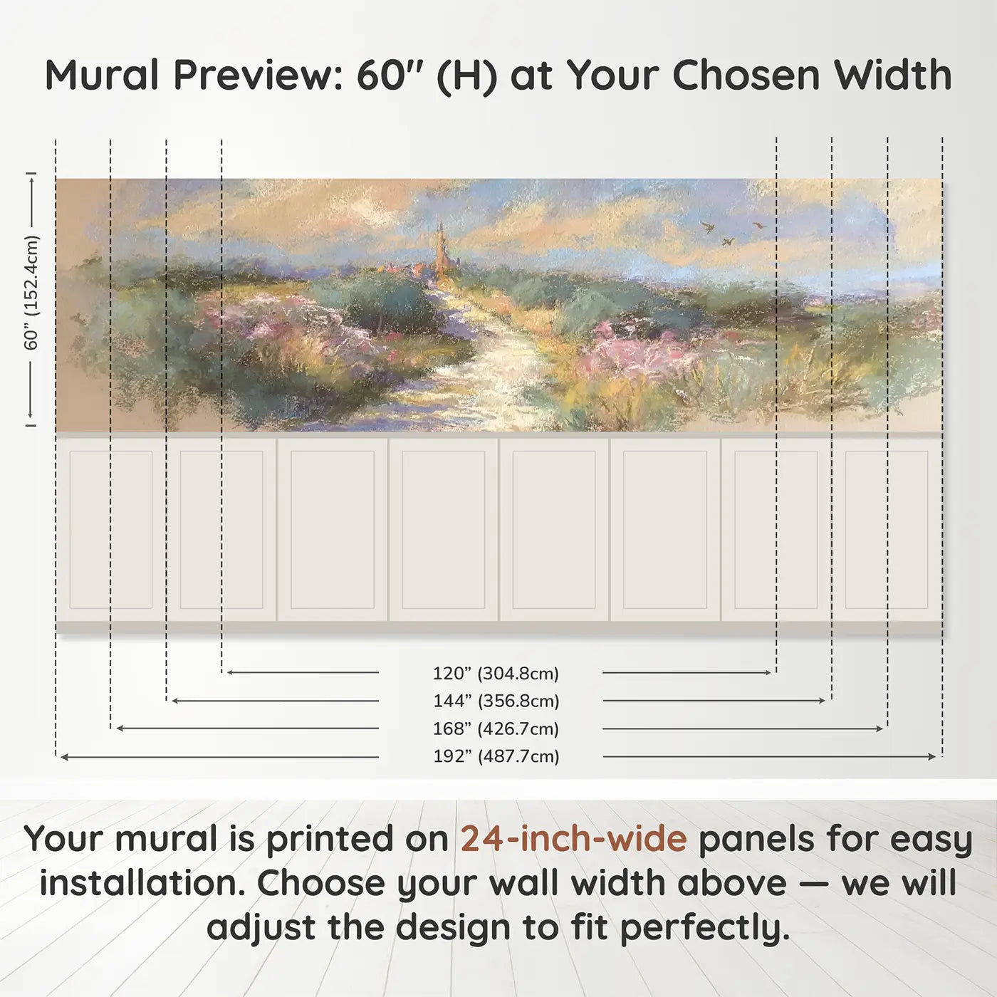 Panel dimensions for Chalk Countryside Path Wainscoting Wallpaper by Whimsy Tots