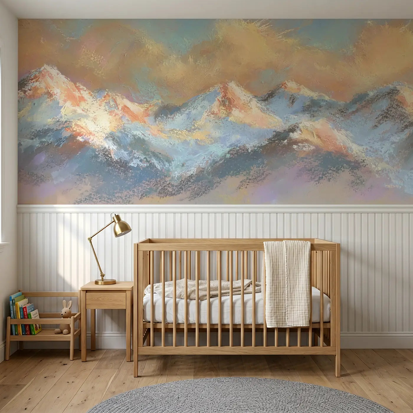 Soft Pastel dreamy peak sunrise chalk wainscoting wallpaper for nursery by Whimsy Tots