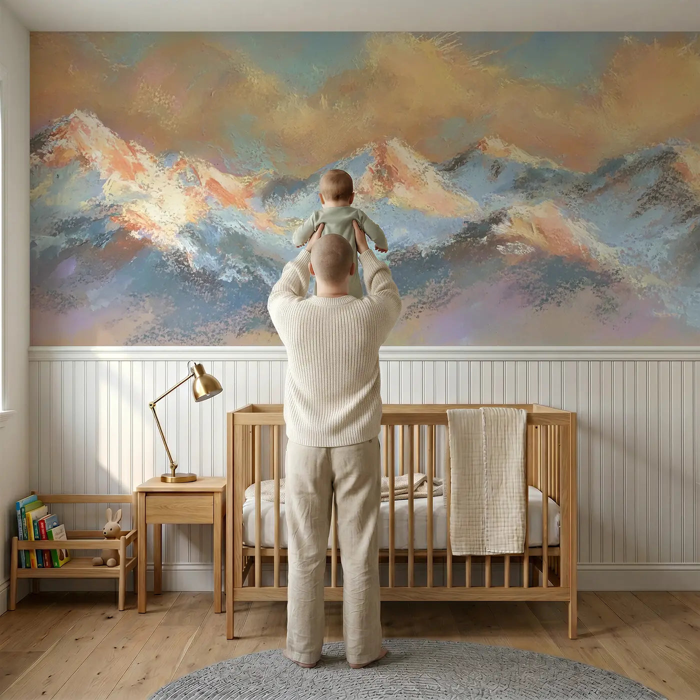 Child reading near Dreamy Peak Sunrise Chalk Wainscoting Wallpaper by Whimsy Tots