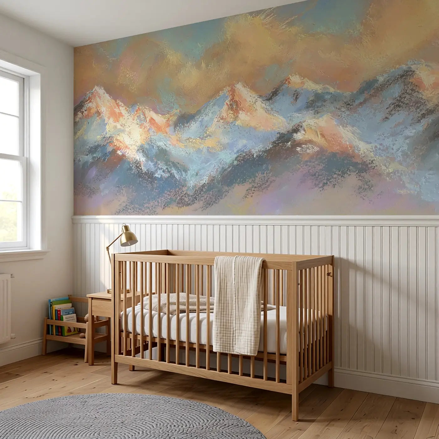 Dreamy Peak Sunrise Chalk Wainscoting Wallpaper styled in a kids bedroom by Whimsy Tots