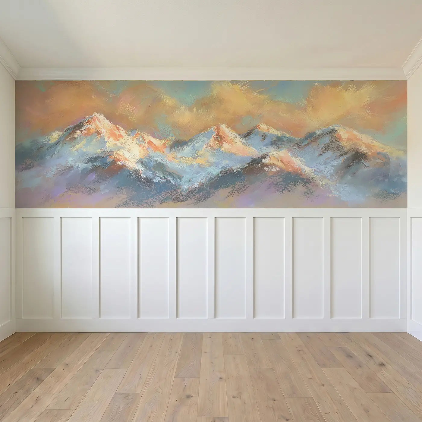 Full panel view of Dreamy Peak Sunrise Chalk Wainscoting Wallpaper by Whimsy Tots