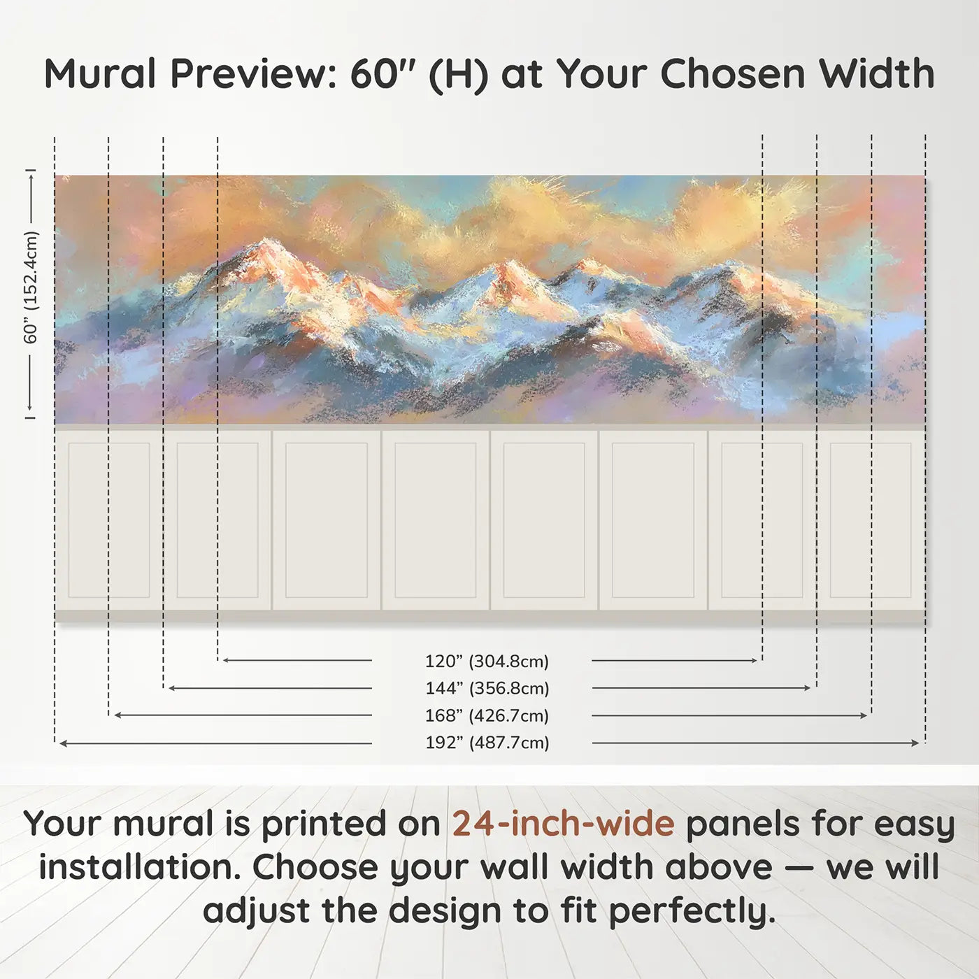Panel dimensions for Dreamy Peak Sunrise Chalk Wainscoting Wallpaper by Whimsy Tots