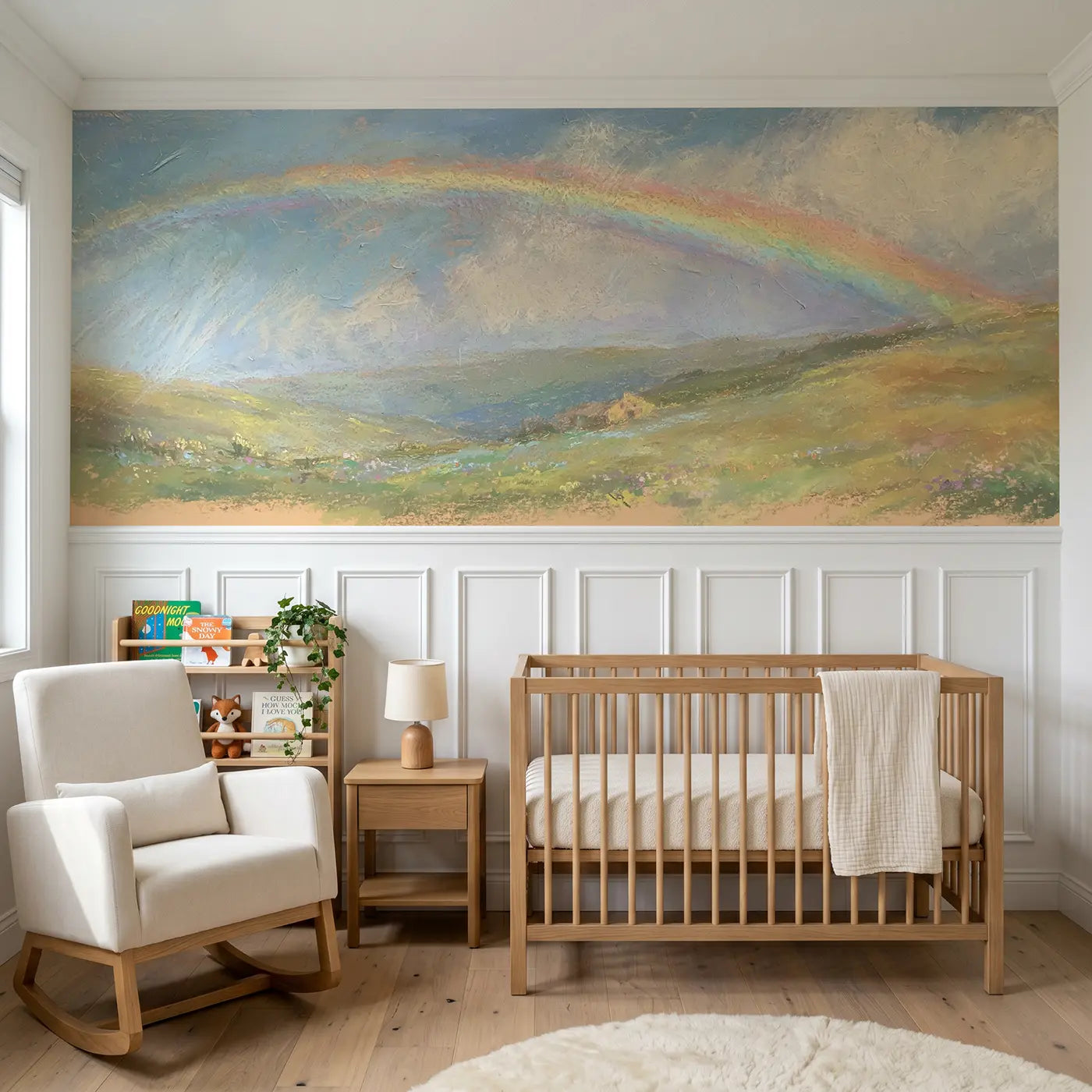 Soft Pastel valley rainbow wainscoting wallpaper for nursery by Whimsy Tots