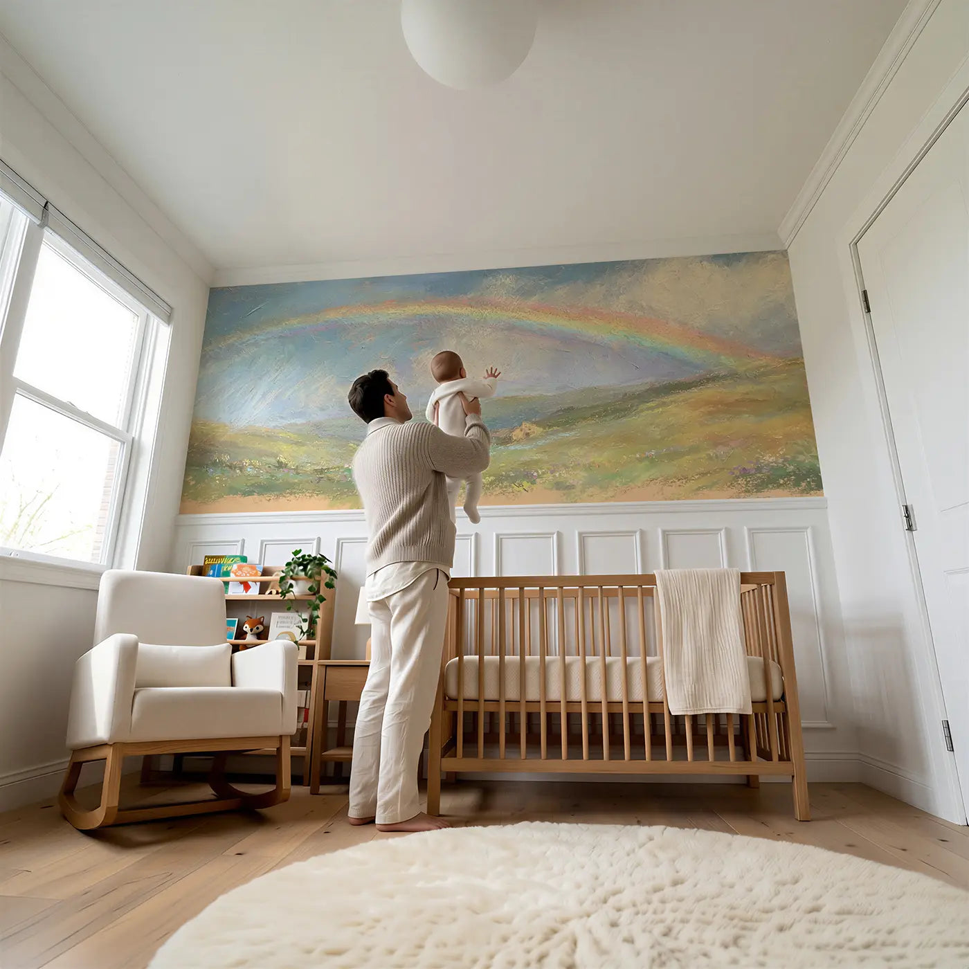Child reading near Pastel Valley Rainbow Wainscoting Wallpaper by Whimsy Tots