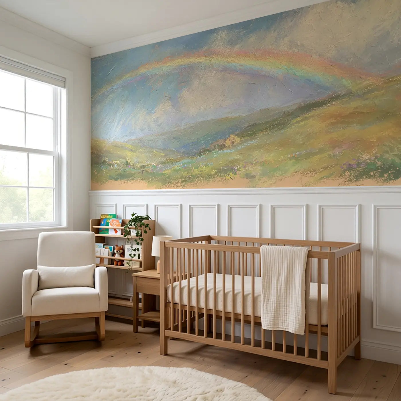 Pastel Valley Rainbow Wainscoting Wallpaper styled in a kids bedroom by Whimsy Tots