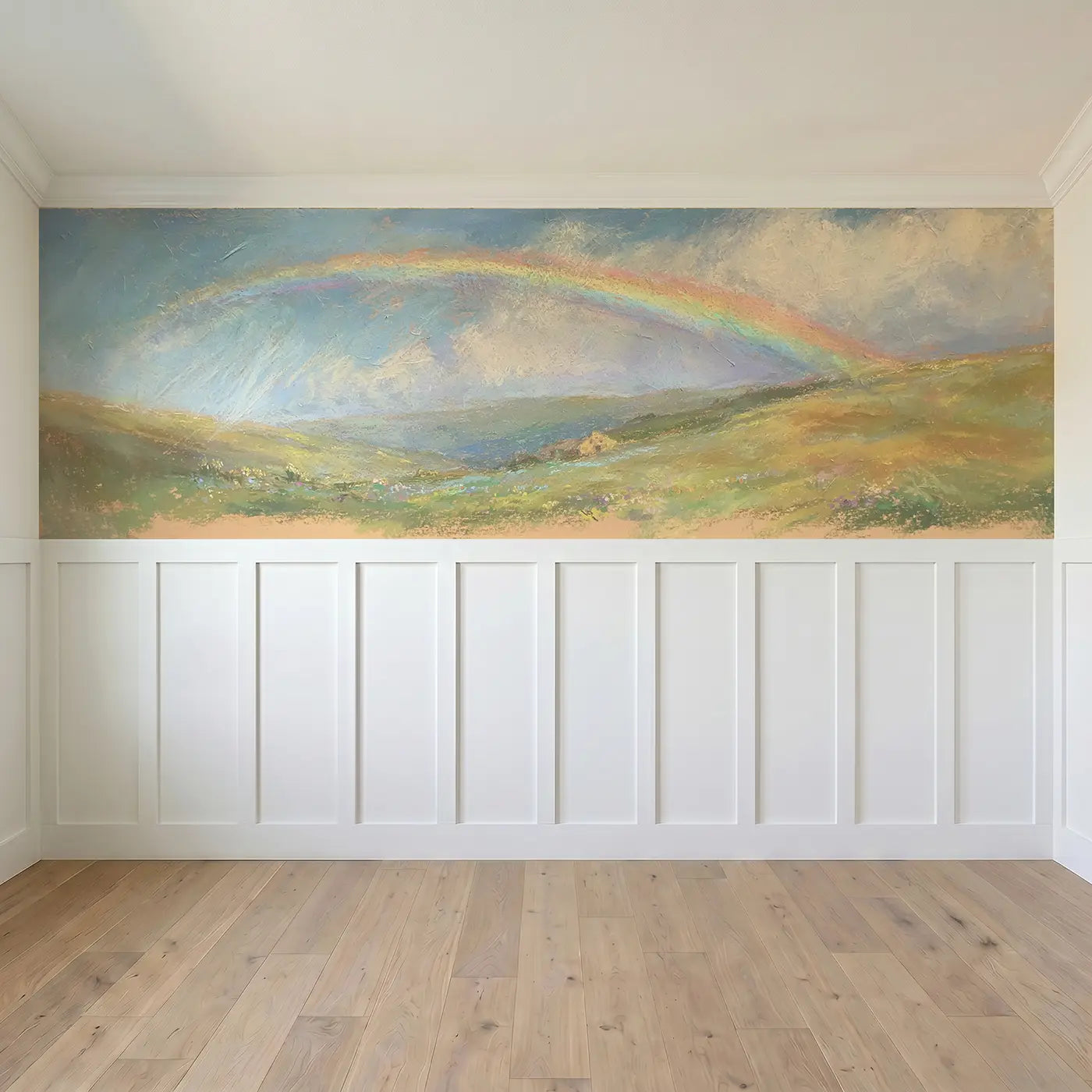 Full panel view of Pastel Valley Rainbow Wainscoting Wallpaper by Whimsy Tots