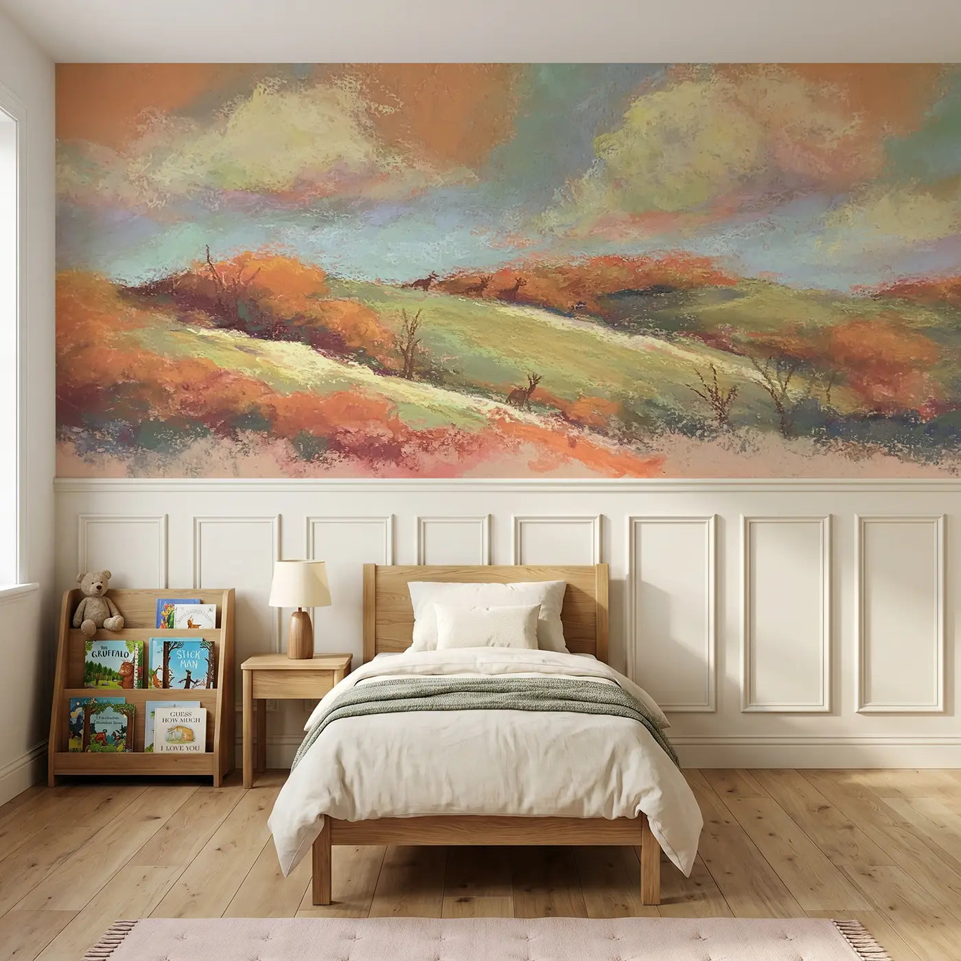 Soft Pastel chalk autumn hills warm wainscoting wallpaper for nursery by Whimsy Tots