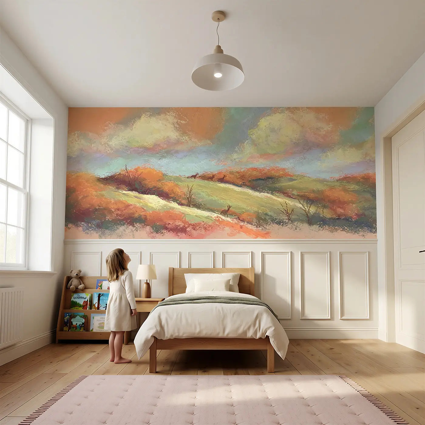 Child reading near Chalk Autumn Hills Warm Wainscoting Wallpaper by Whimsy Tots