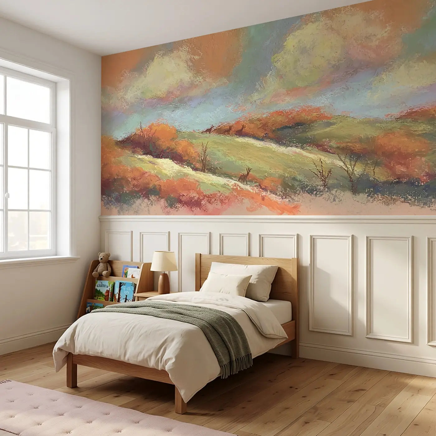 Chalk Autumn Hills Warm Wainscoting Wallpaper styled in a kids bedroom by Whimsy Tots