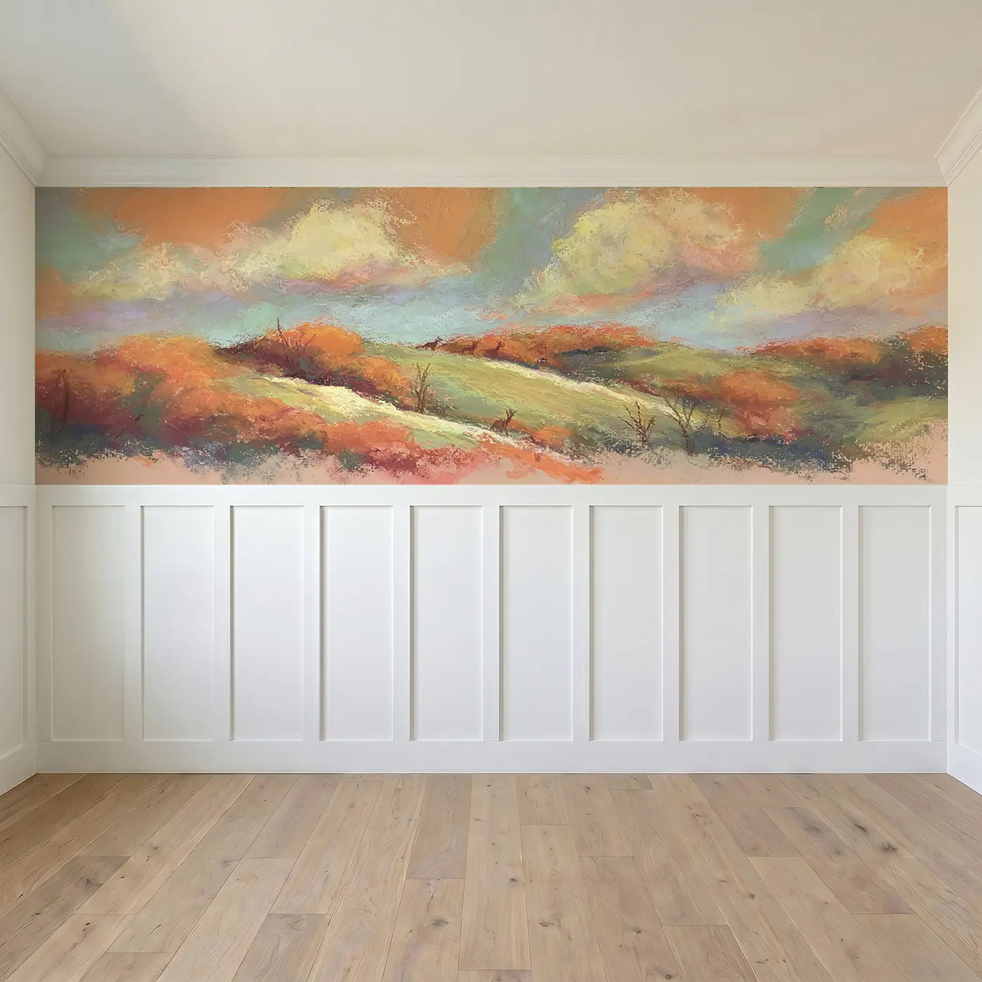Full panel view of Chalk Autumn Hills Warm Wainscoting Wallpaper by Whimsy Tots