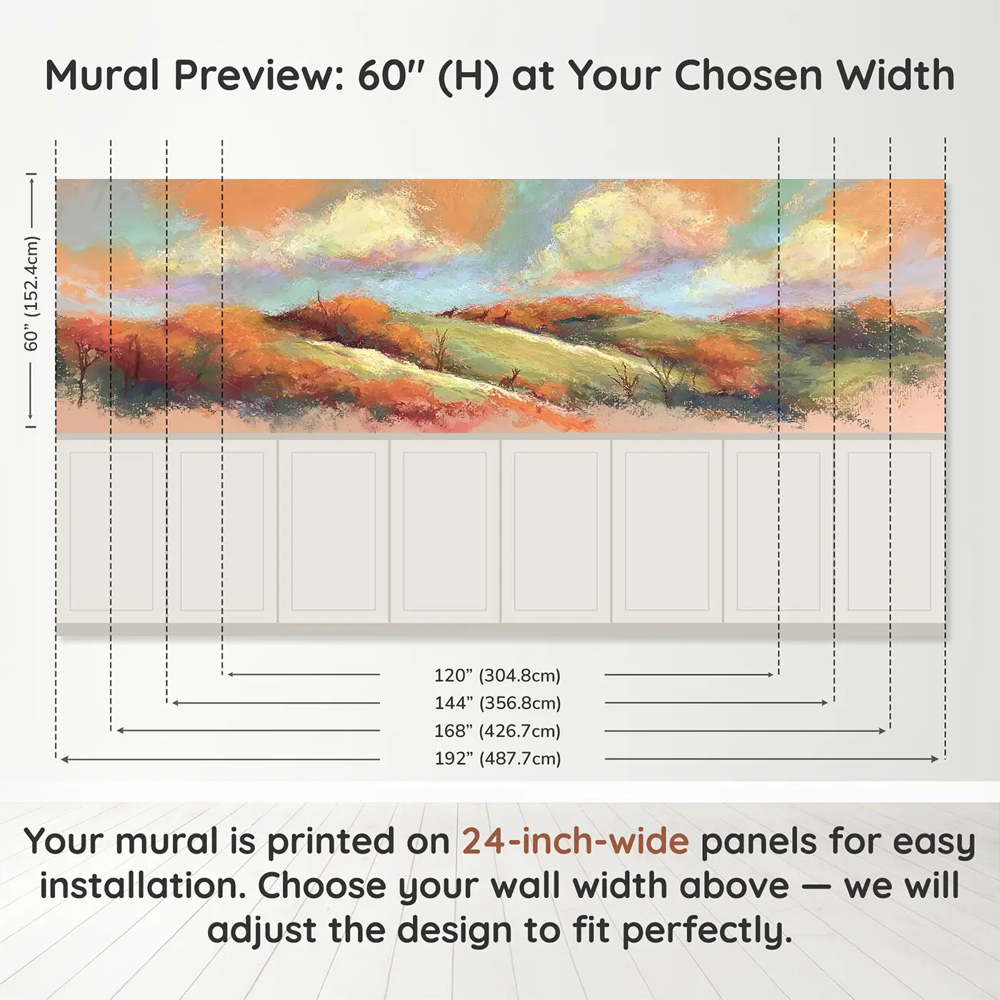 Panel dimensions for Chalk Autumn Hills Warm Wainscoting Wallpaper by Whimsy Tots