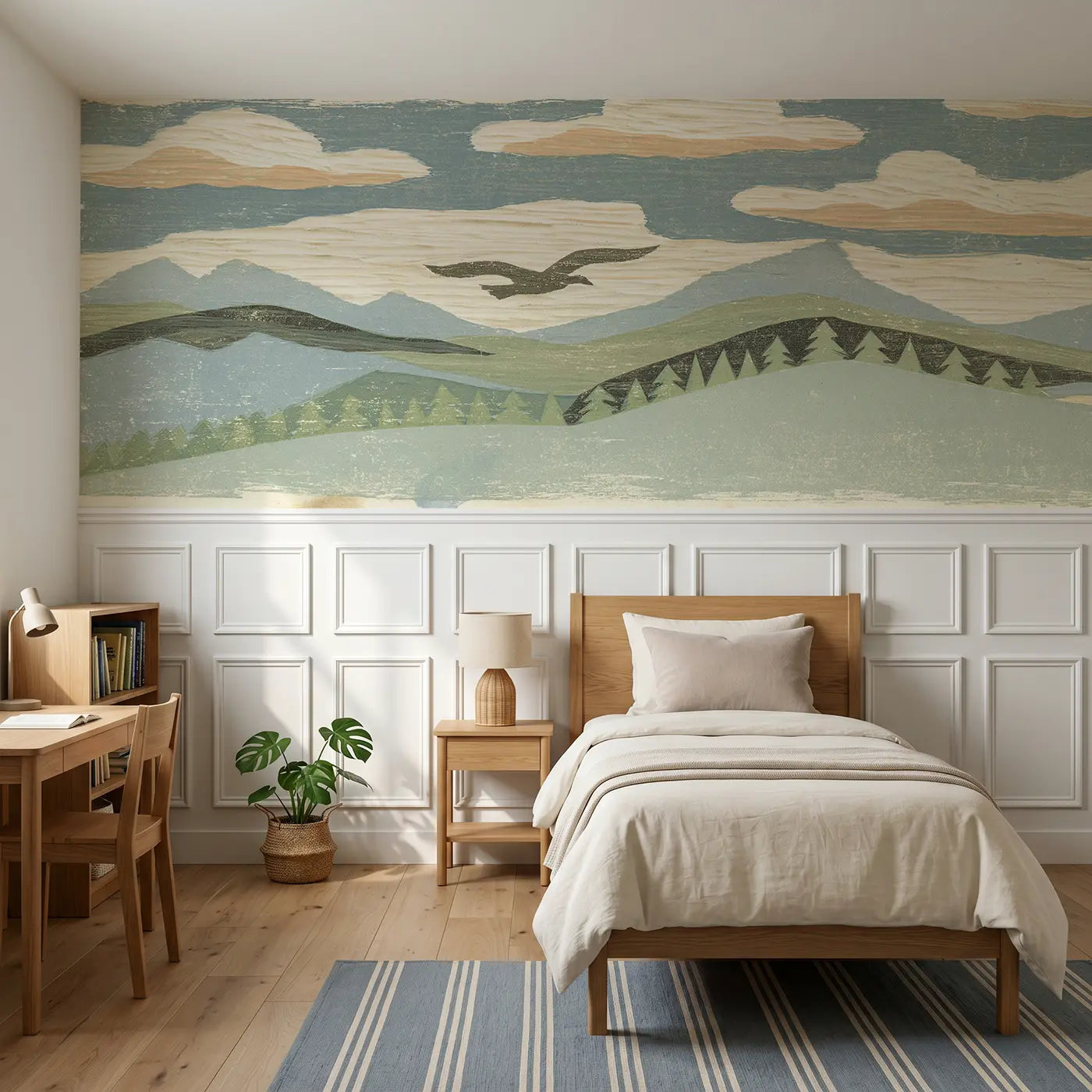 Block Print carved mountain ridge line wainscoting wallpaper for bedroom by Whimsy Tots
