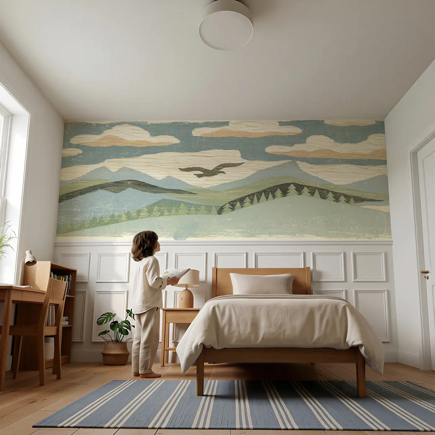 Child reading near Carved Mountain Ridge Line Wainscoting Wallpaper by Whimsy Tots