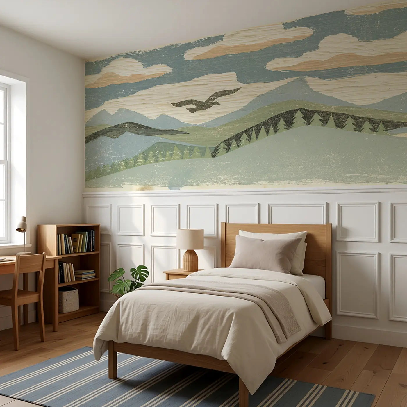 Carved Mountain Ridge Line Wainscoting Wallpaper styled in a kids bedroom by Whimsy Tots
