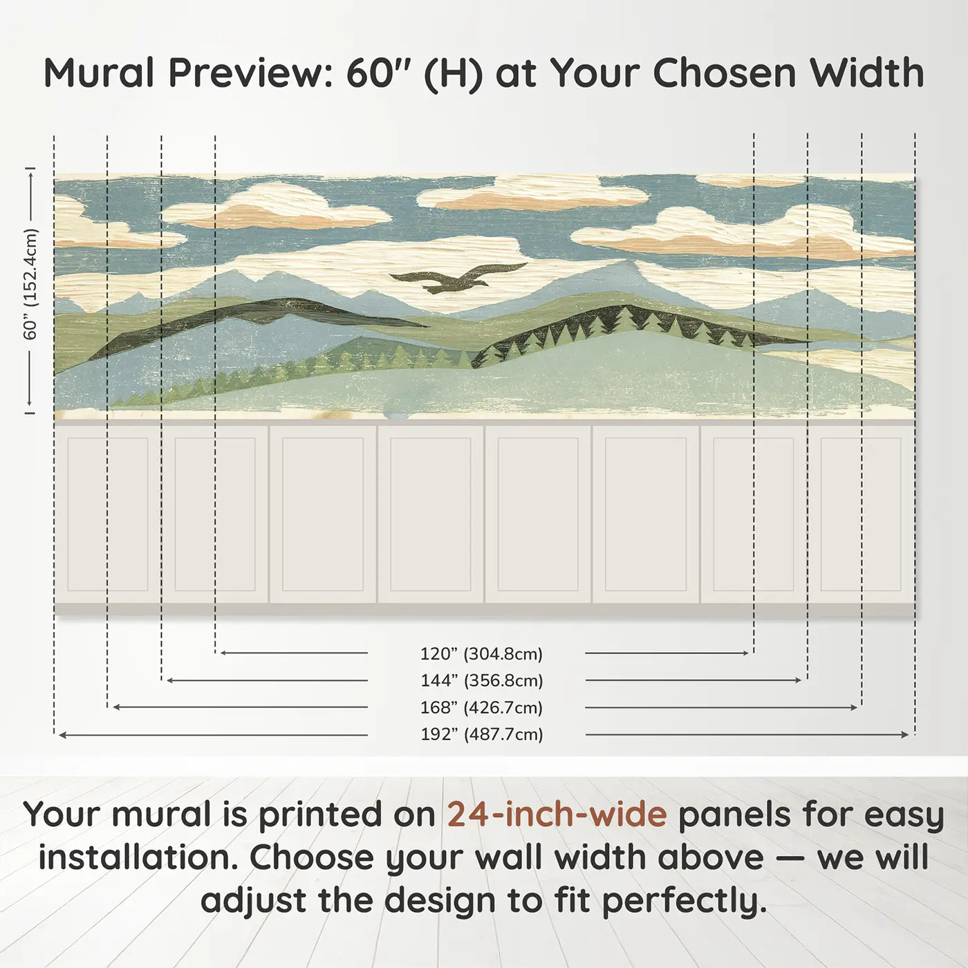 Panel dimensions for Carved Mountain Ridge Line Wainscoting Wallpaper by Whimsy Tots