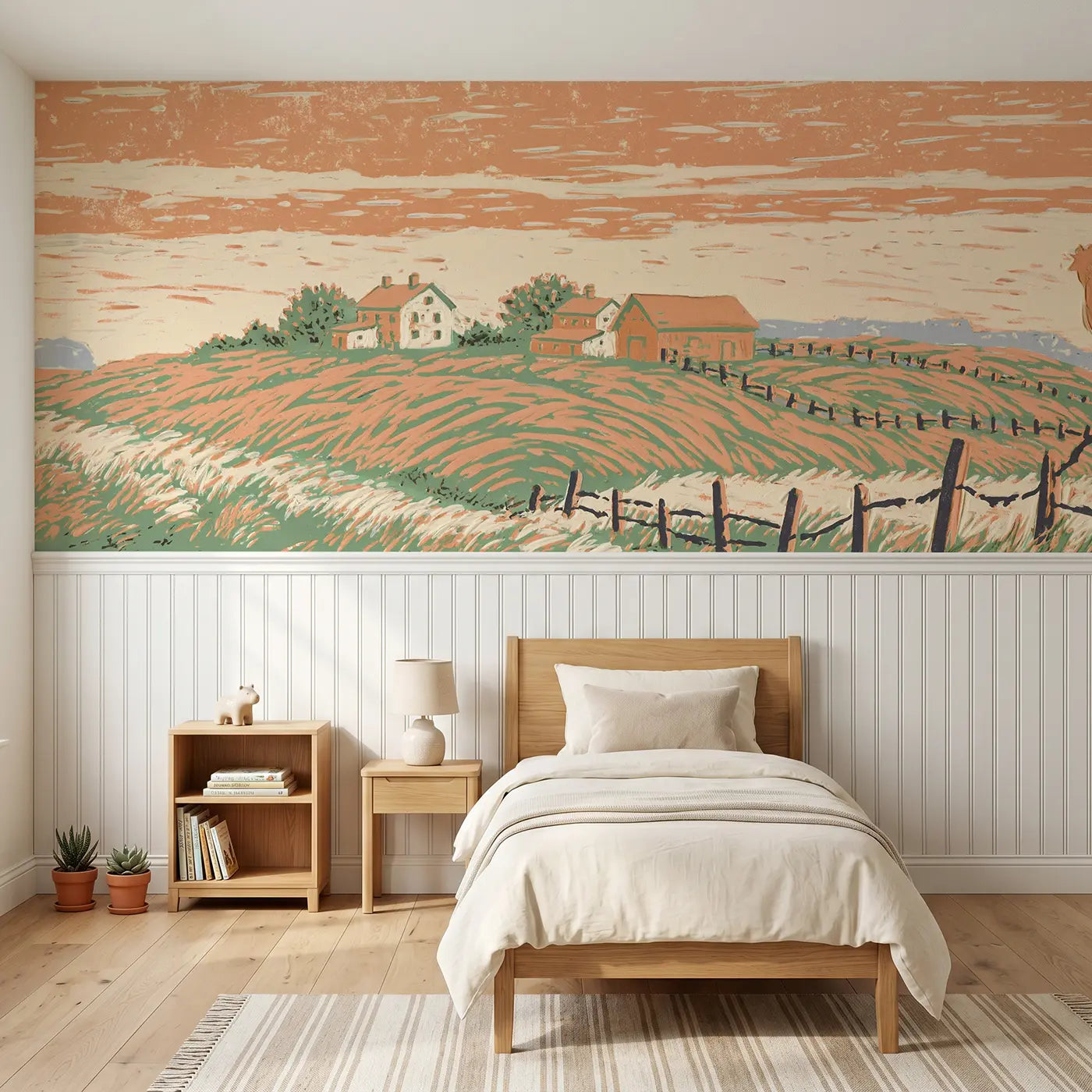 Block Print valley farm wainscoting wallpaper for bedroom by Whimsy Tots