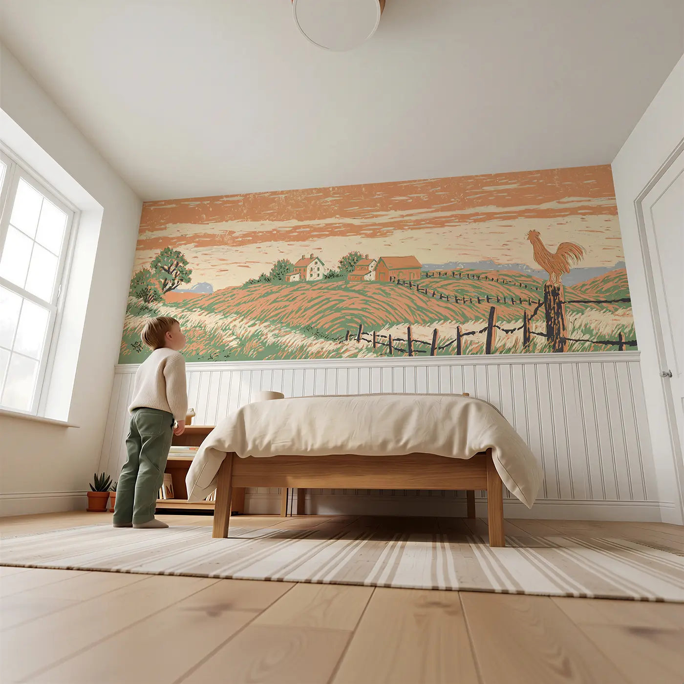 Child reading near Block Print Valley Farm Wainscoting Wallpaper by Whimsy Tots