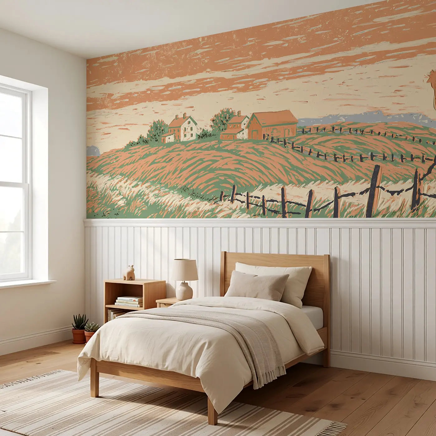 Block Print Valley Farm Wainscoting Wallpaper styled in a kids bedroom by Whimsy Tots