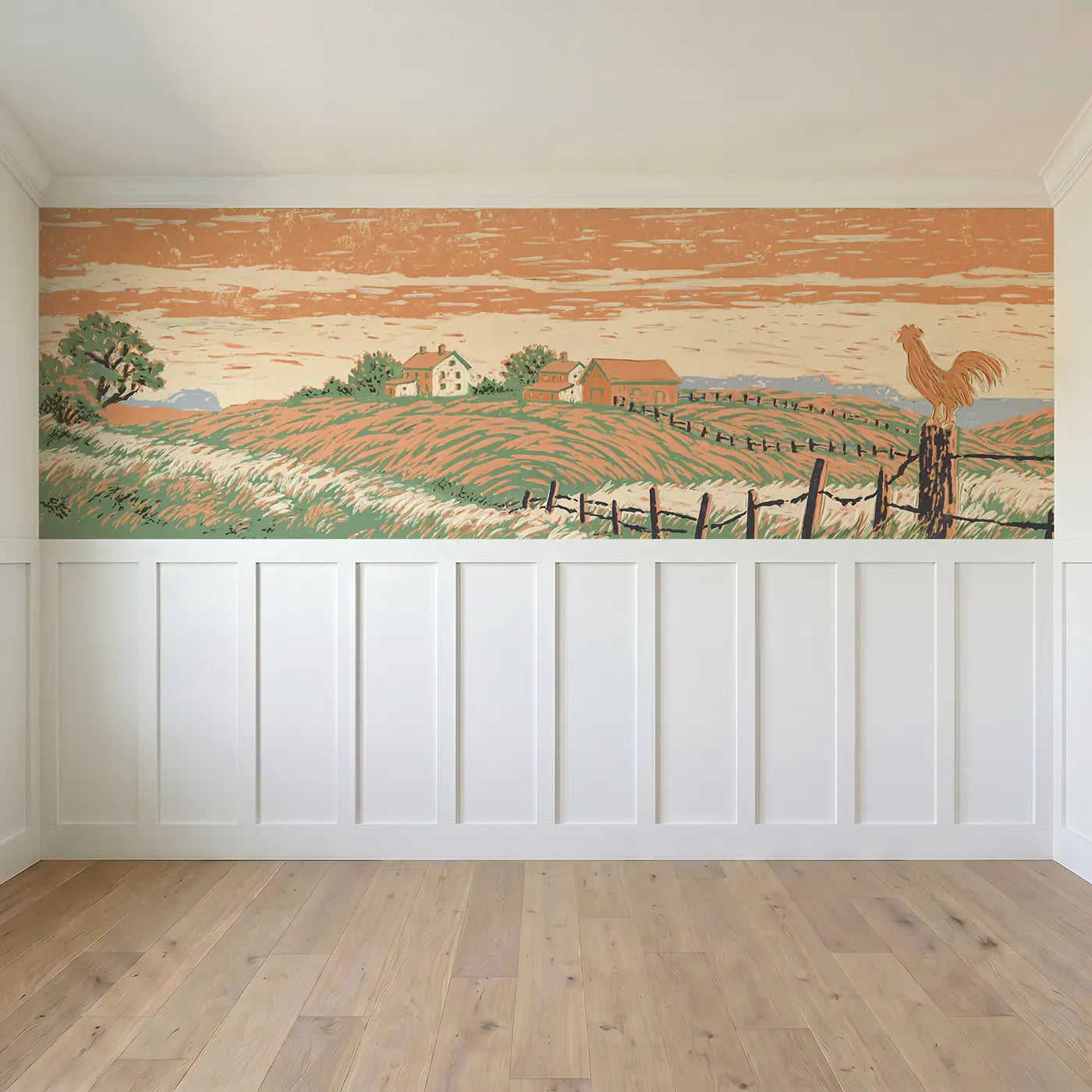Full panel view of Block Print Valley Farm Wainscoting Wallpaper by Whimsy Tots