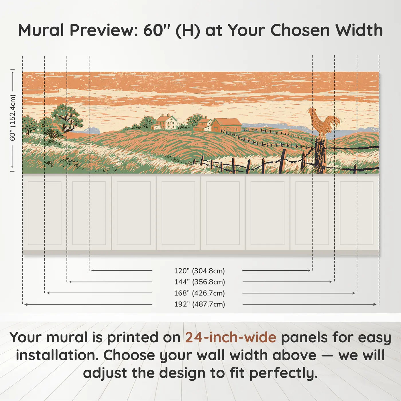 Panel dimensions for Block Print Valley Farm Wainscoting Wallpaper by Whimsy Tots