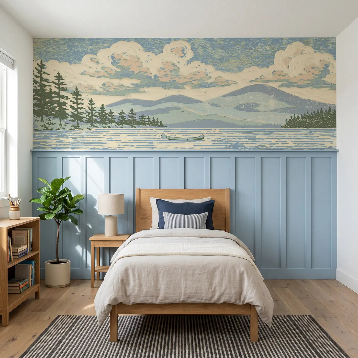 Block Print linocut lake pine shore wainscoting wallpaper for bedroom by Whimsy Tots