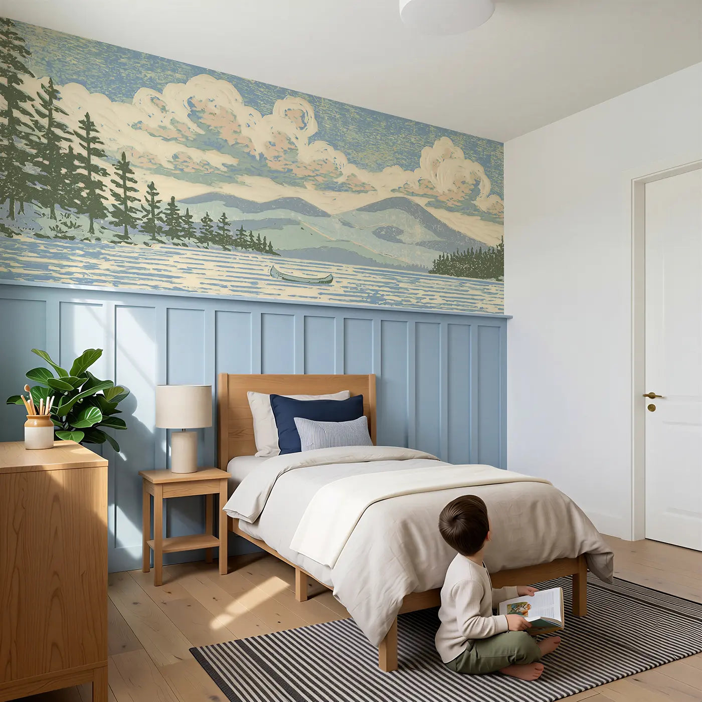 Child reading near Linocut Lake Pine Shore Wainscoting Wallpaper by Whimsy Tots
