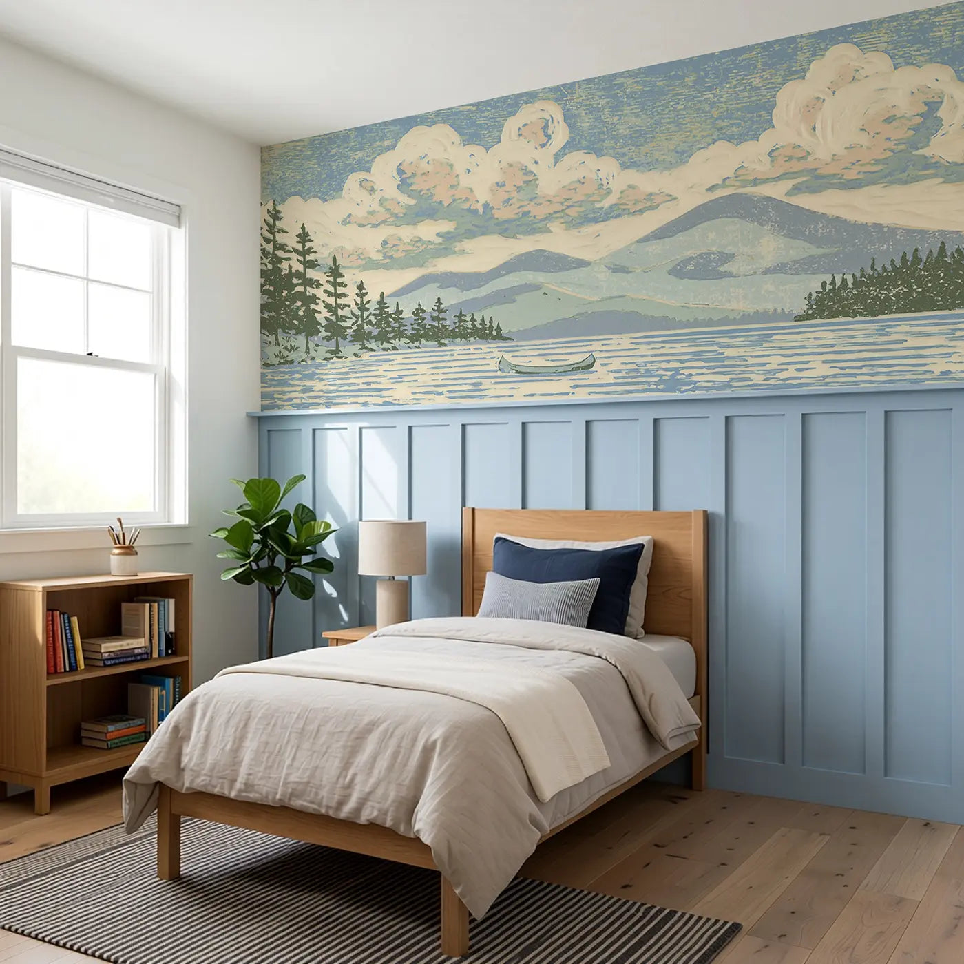 Linocut Lake Pine Shore Wainscoting Wallpaper styled in a kids bedroom by Whimsy Tots