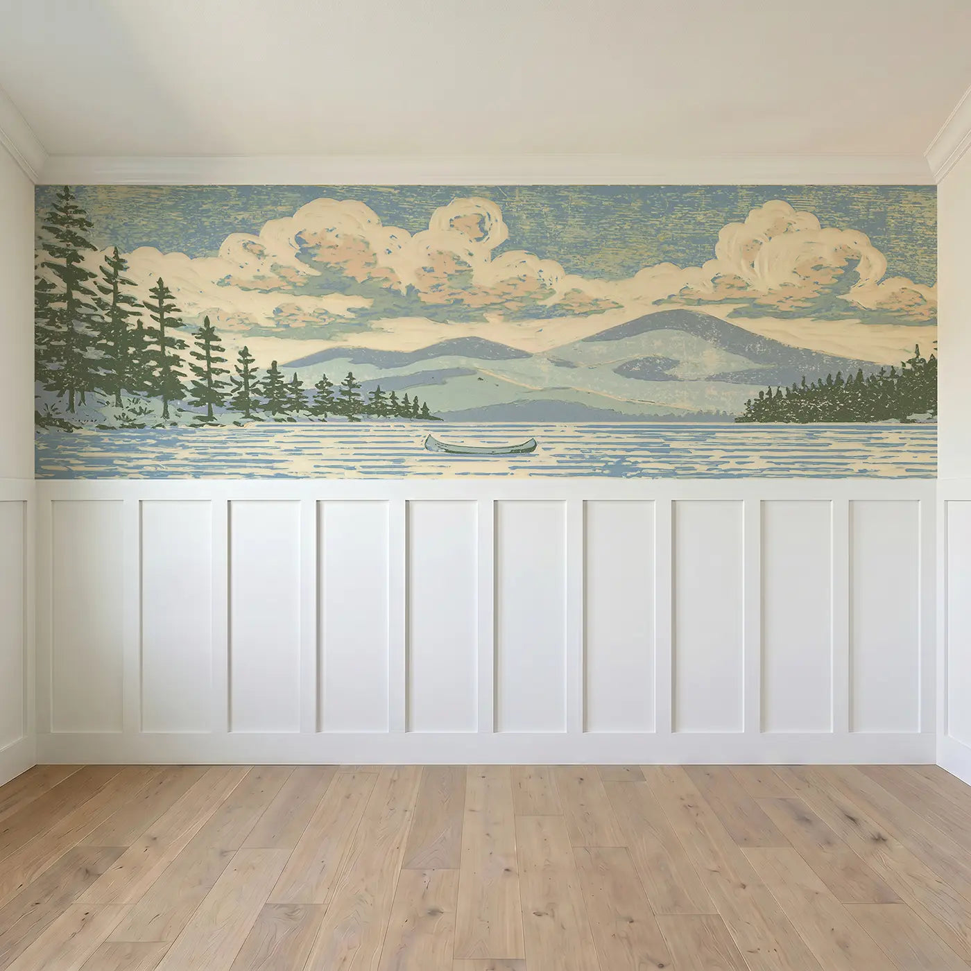 Full panel view of Linocut Lake Pine Shore Wainscoting Wallpaper by Whimsy Tots