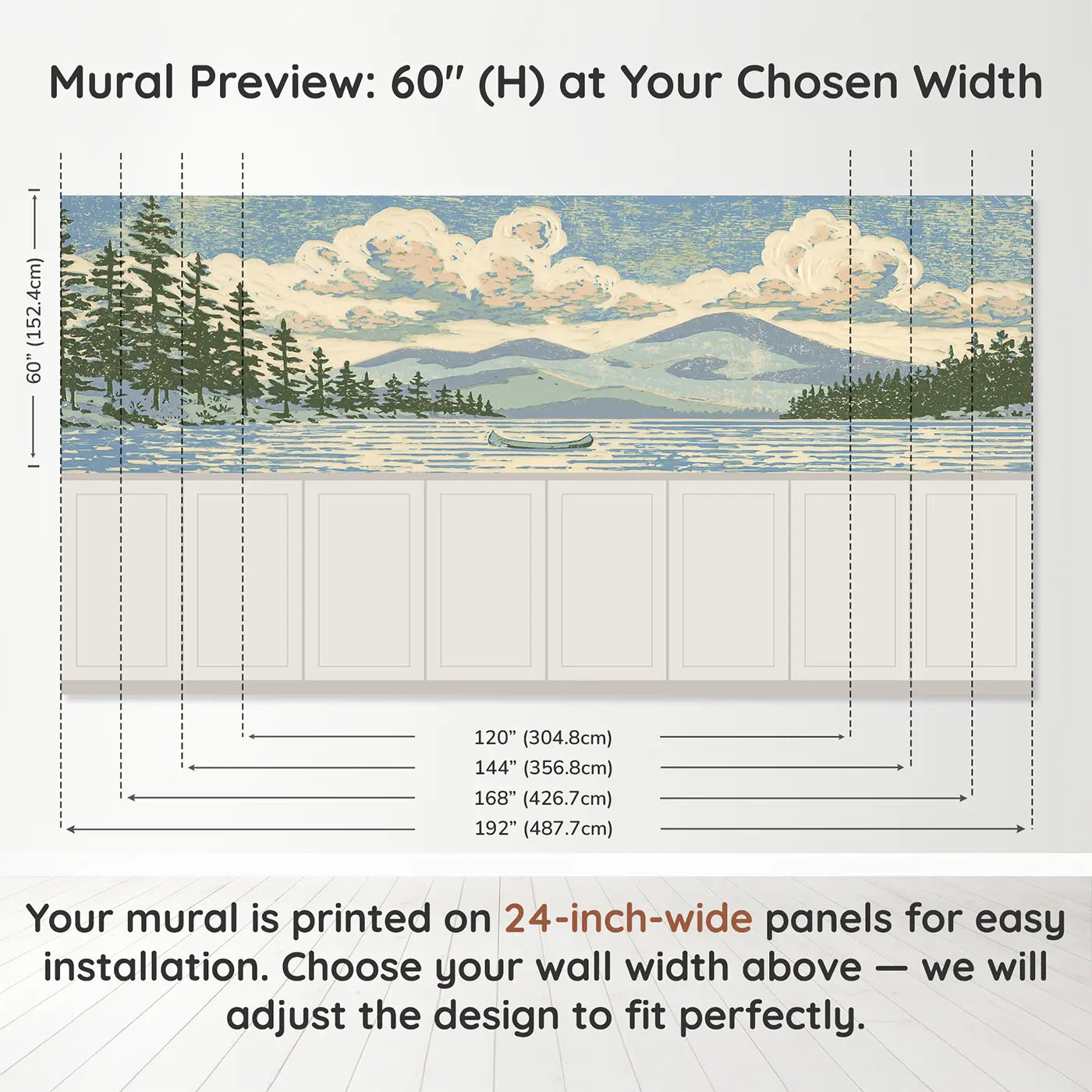 Panel dimensions for Linocut Lake Pine Shore Wainscoting Wallpaper by Whimsy Tots