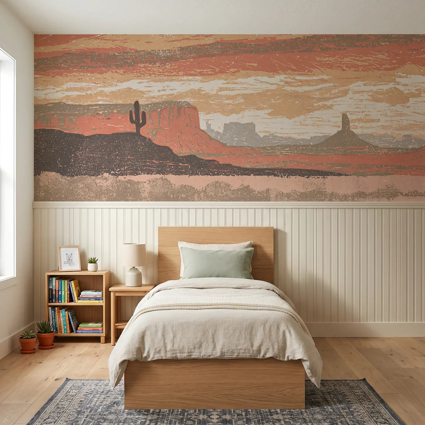 Block Print carved sunset desert mesa wainscoting wallpaper for bedroom by Whimsy Tots