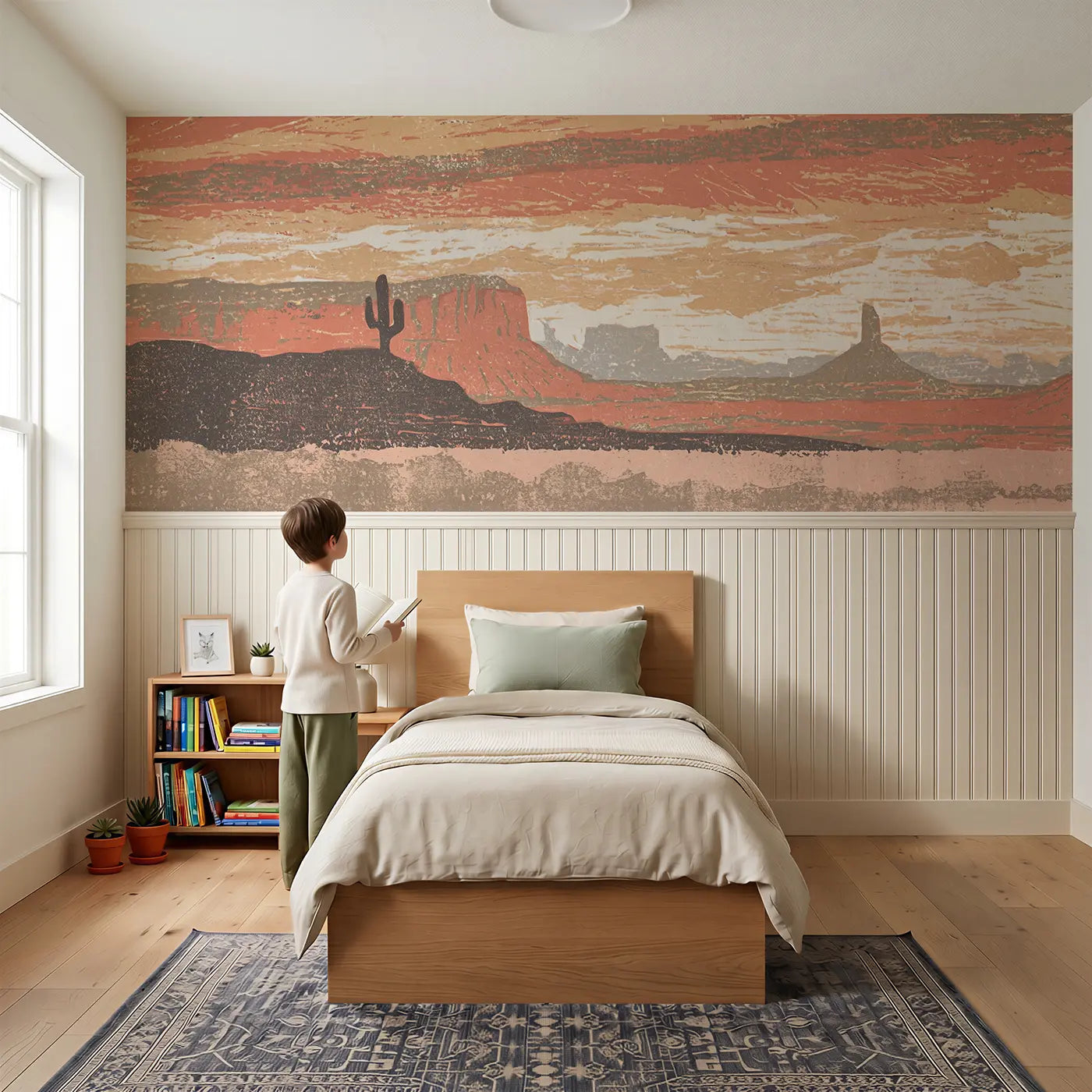 Child reading near Carved Sunset Desert Mesa Wainscoting Wallpaper by Whimsy Tots