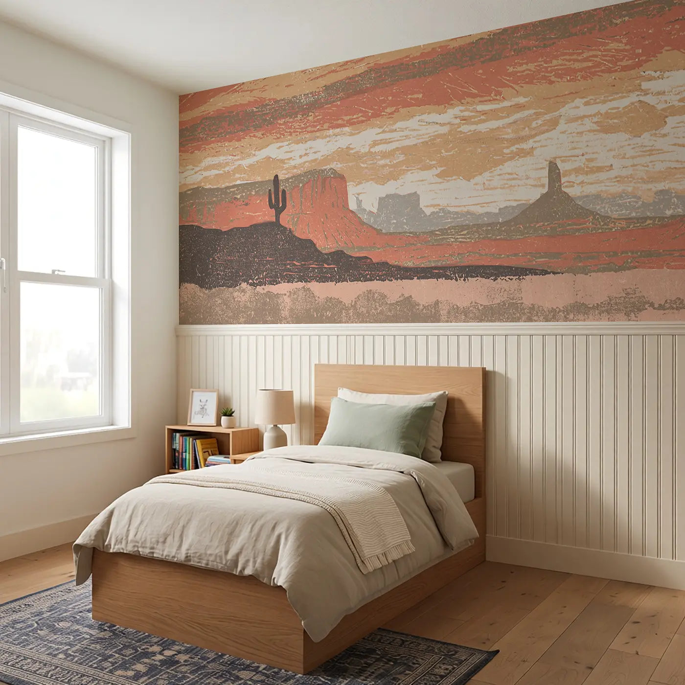 Carved Sunset Desert Mesa Wainscoting Wallpaper styled in a kids bedroom by Whimsy Tots
