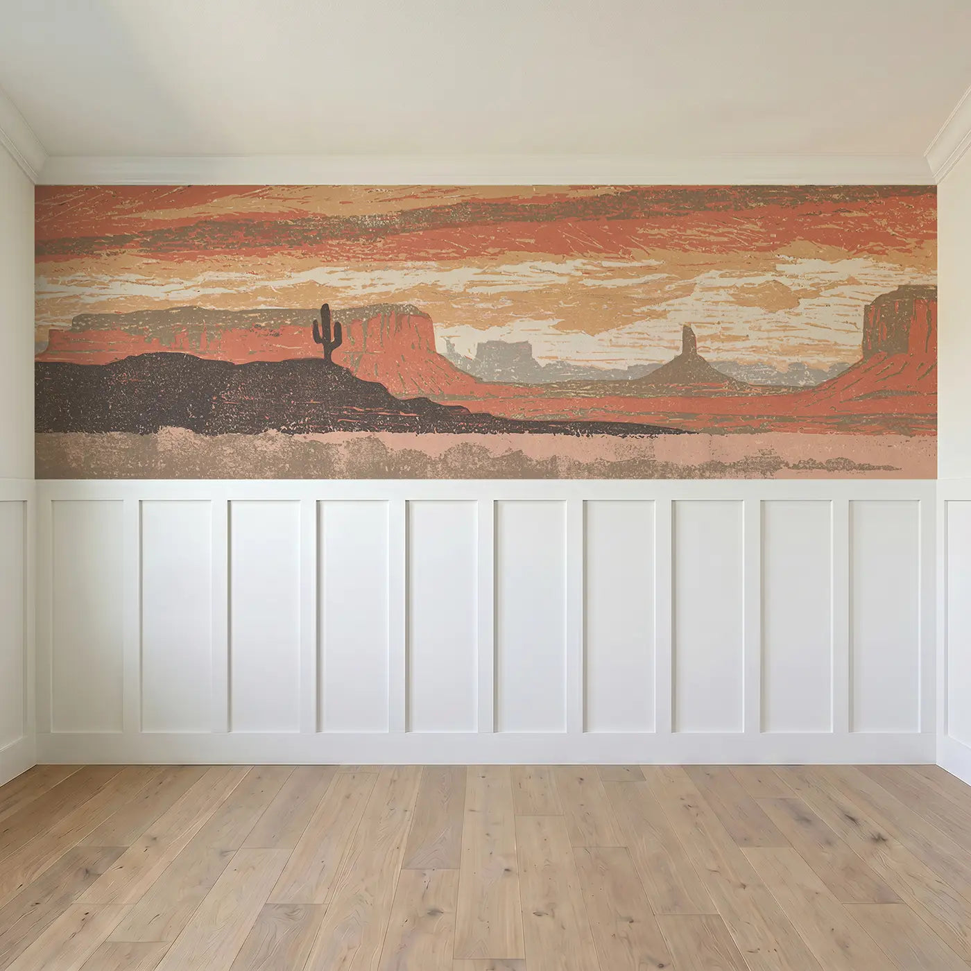Full panel view of Carved Sunset Desert Mesa Wainscoting Wallpaper by Whimsy Tots