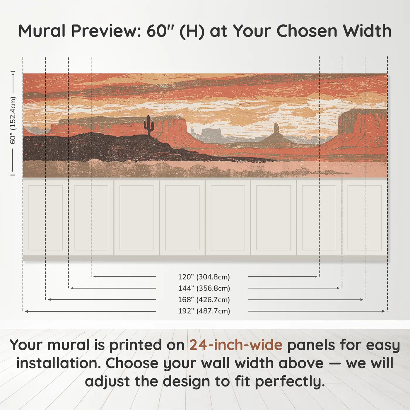 Panel dimensions for Carved Sunset Desert Mesa Wainscoting Wallpaper by Whimsy Tots
