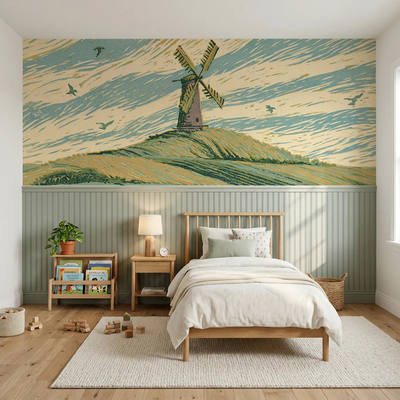 Block Print hilltop windmill wainscoting wallpaper for nursery by Whimsy Tots