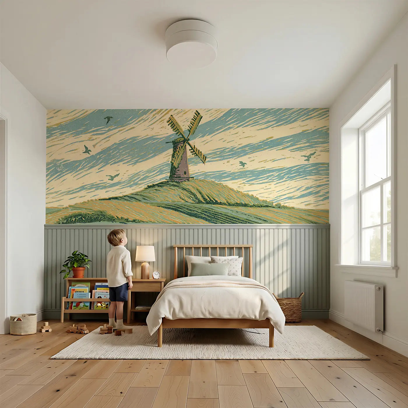 Child reading near Block Print Hilltop Windmill Wainscoting Wallpaper by Whimsy Tots