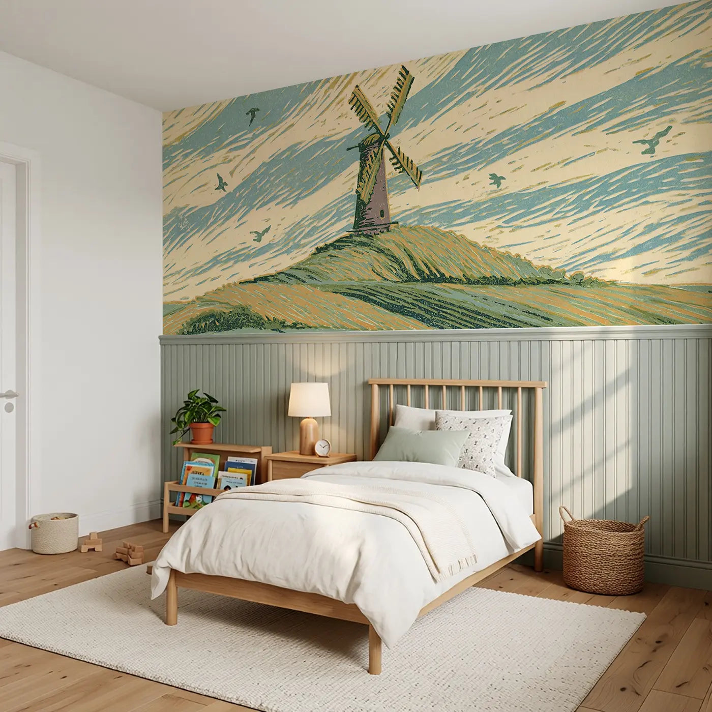 Block Print Hilltop Windmill Wainscoting Wallpaper styled in a kids bedroom by Whimsy Tots