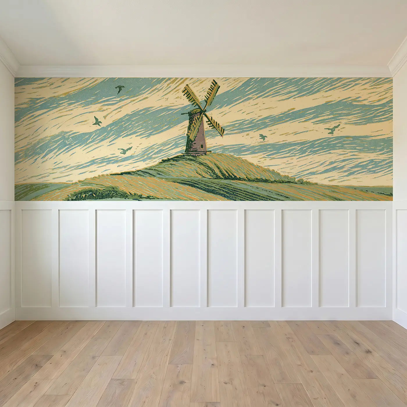Full panel view of Block Print Hilltop Windmill Wainscoting Wallpaper by Whimsy Tots