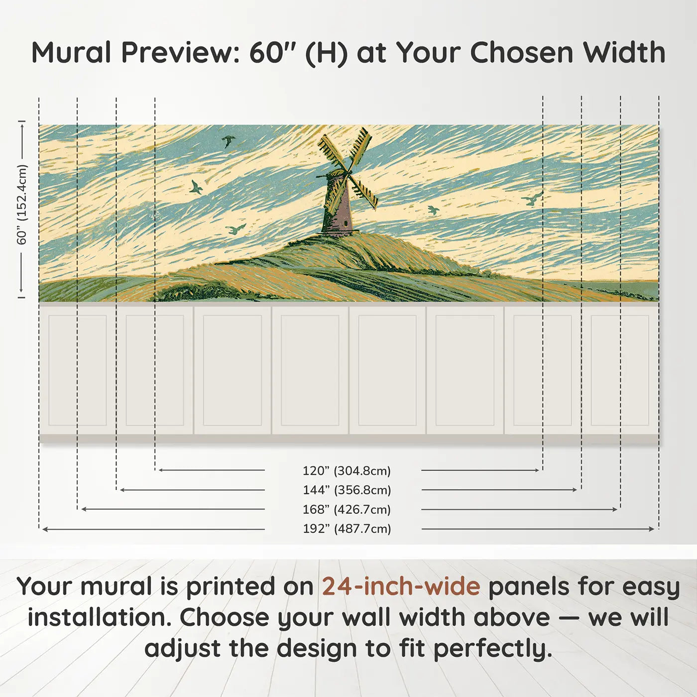 Panel dimensions for Block Print Hilltop Windmill Wainscoting Wallpaper by Whimsy Tots