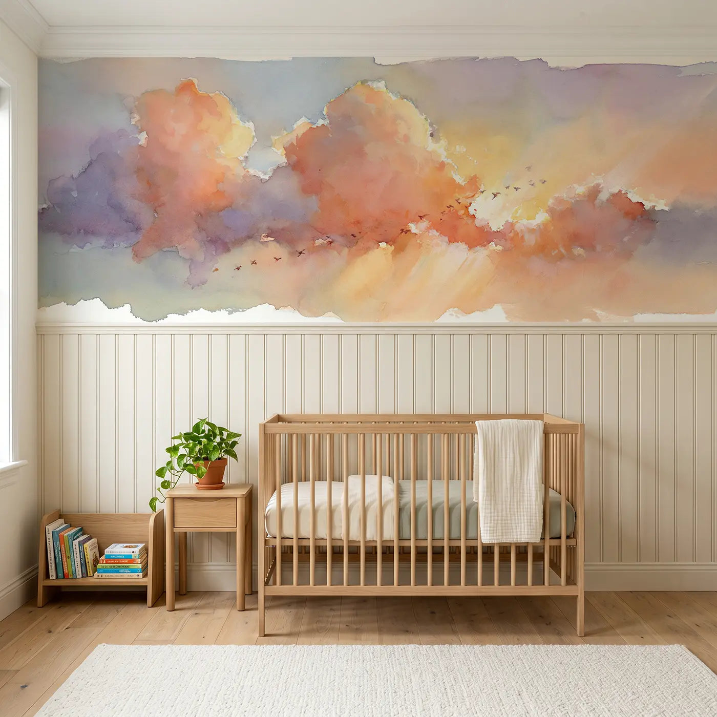 Watercolor soft cloud sunset glow wainscoting wallpaper for nursery by Whimsy Tots