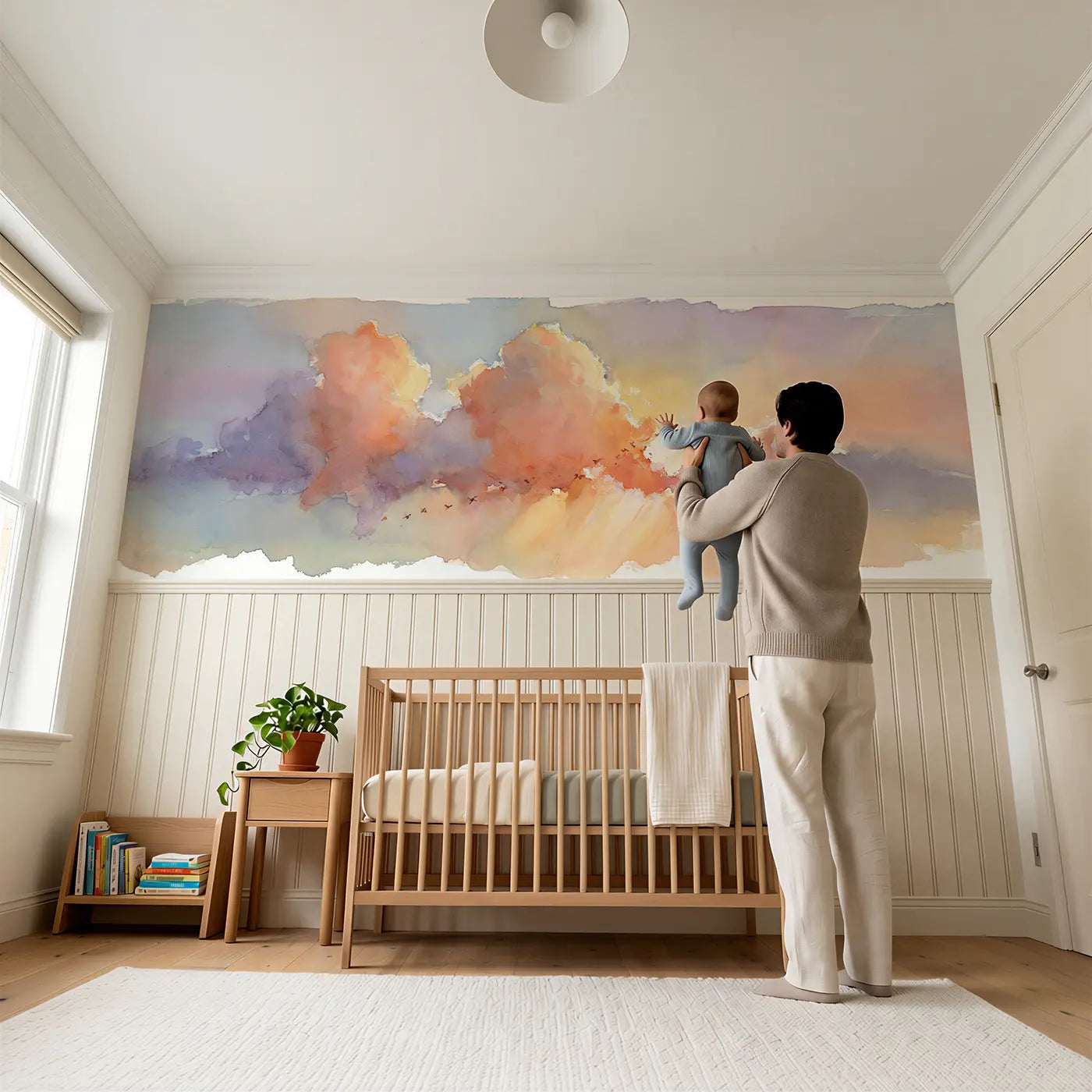 Child reading near Soft Cloud Sunset Glow Wainscoting Wallpaper by Whimsy Tots