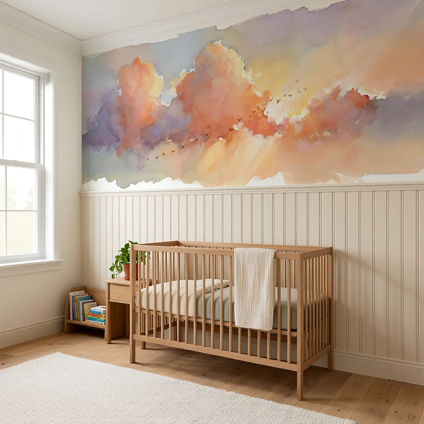 Soft Cloud Sunset Glow Wainscoting Wallpaper styled in a kids bedroom by Whimsy Tots