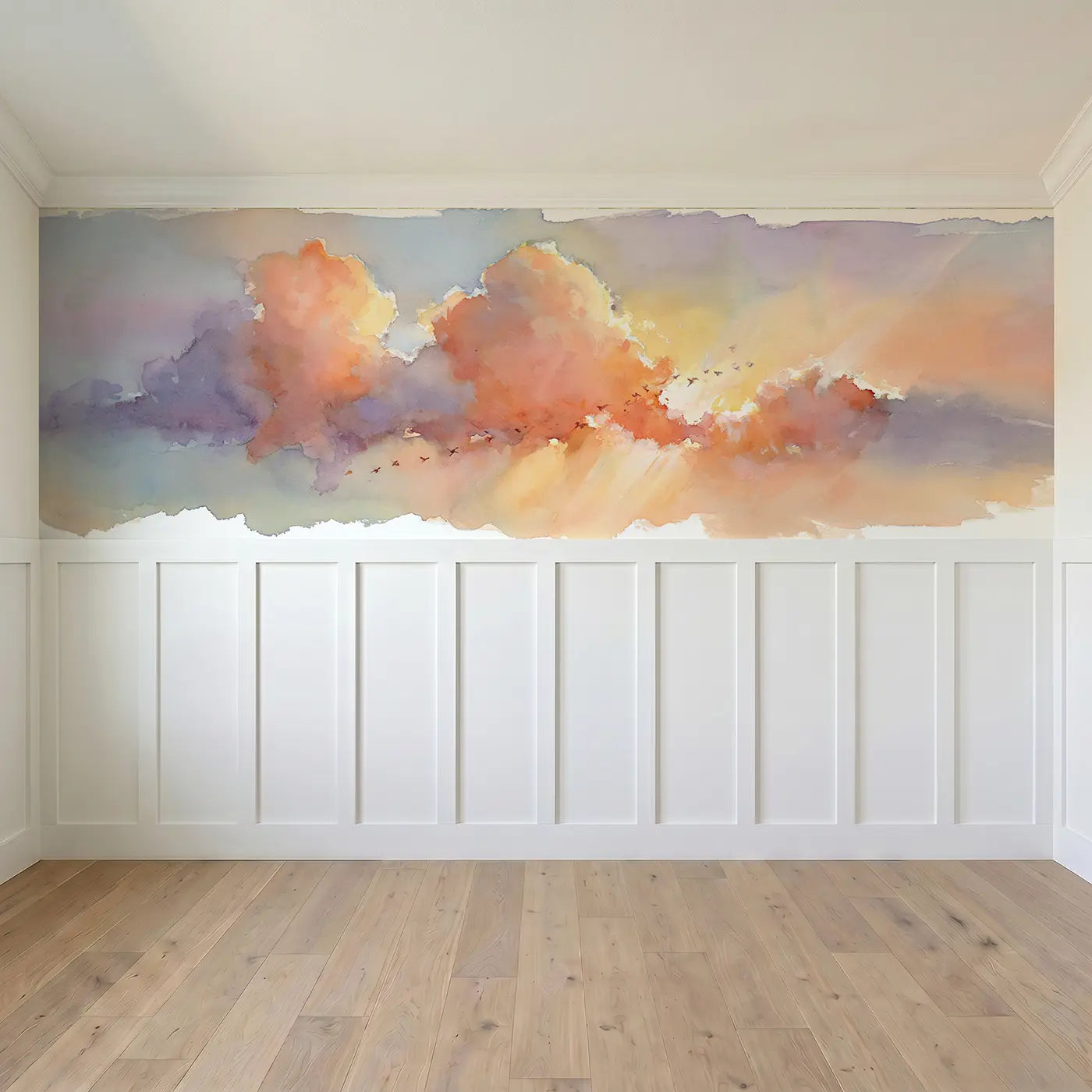 Full panel view of Soft Cloud Sunset Glow Wainscoting Wallpaper by Whimsy Tots