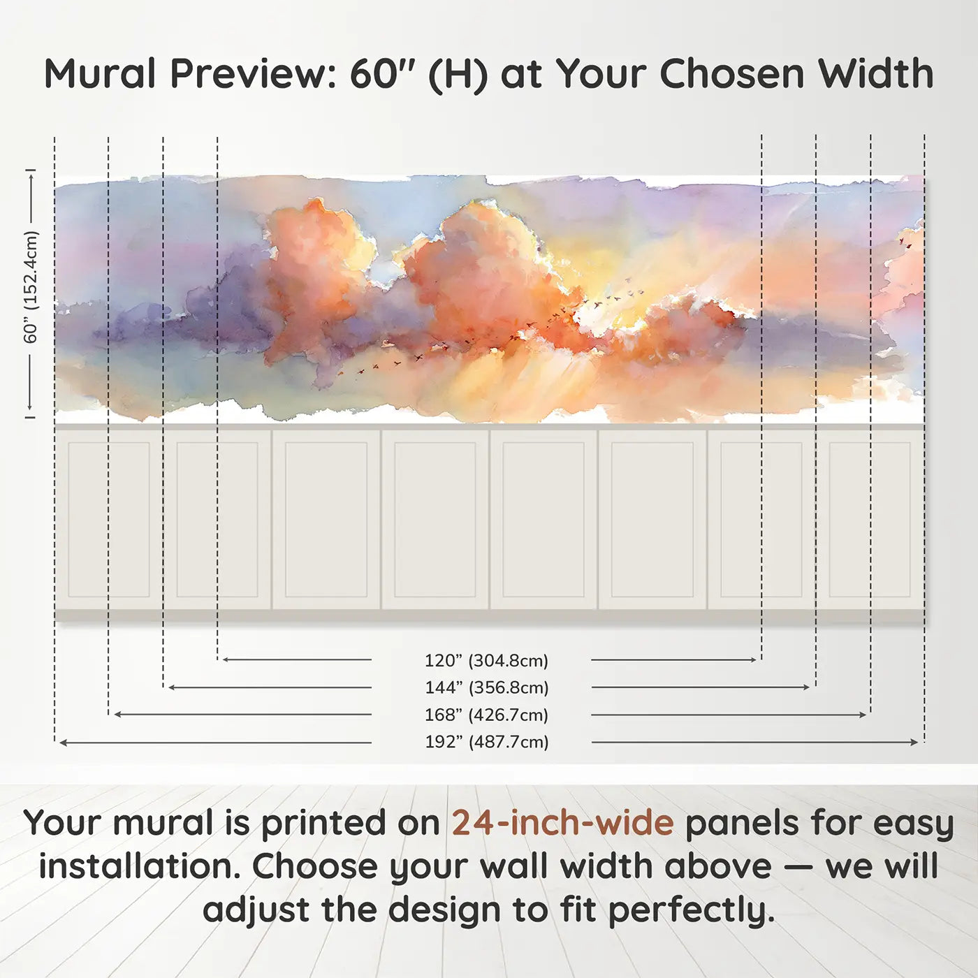 Panel dimensions for Soft Cloud Sunset Glow Wainscoting Wallpaper by Whimsy Tots