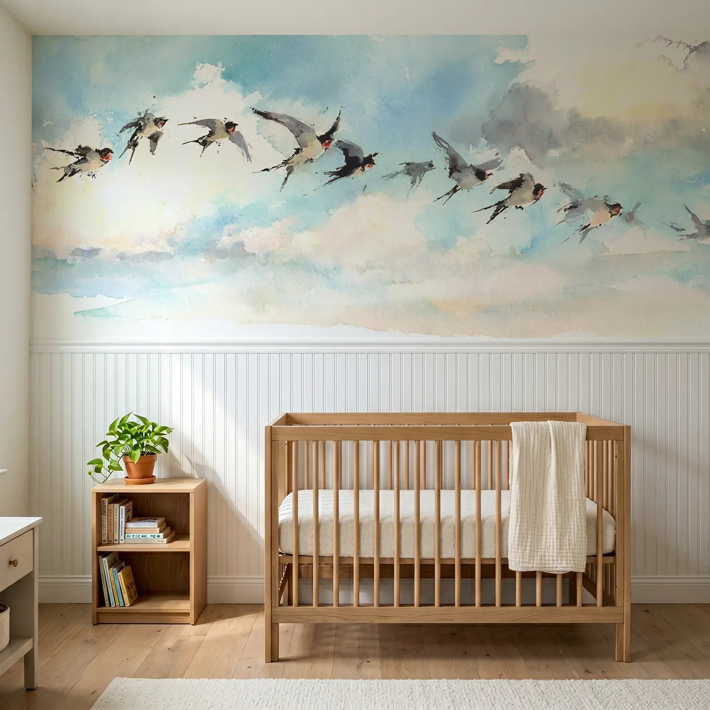 Watercolor dreamy sky swallow dance wainscoting wallpaper for nursery by Whimsy Tots