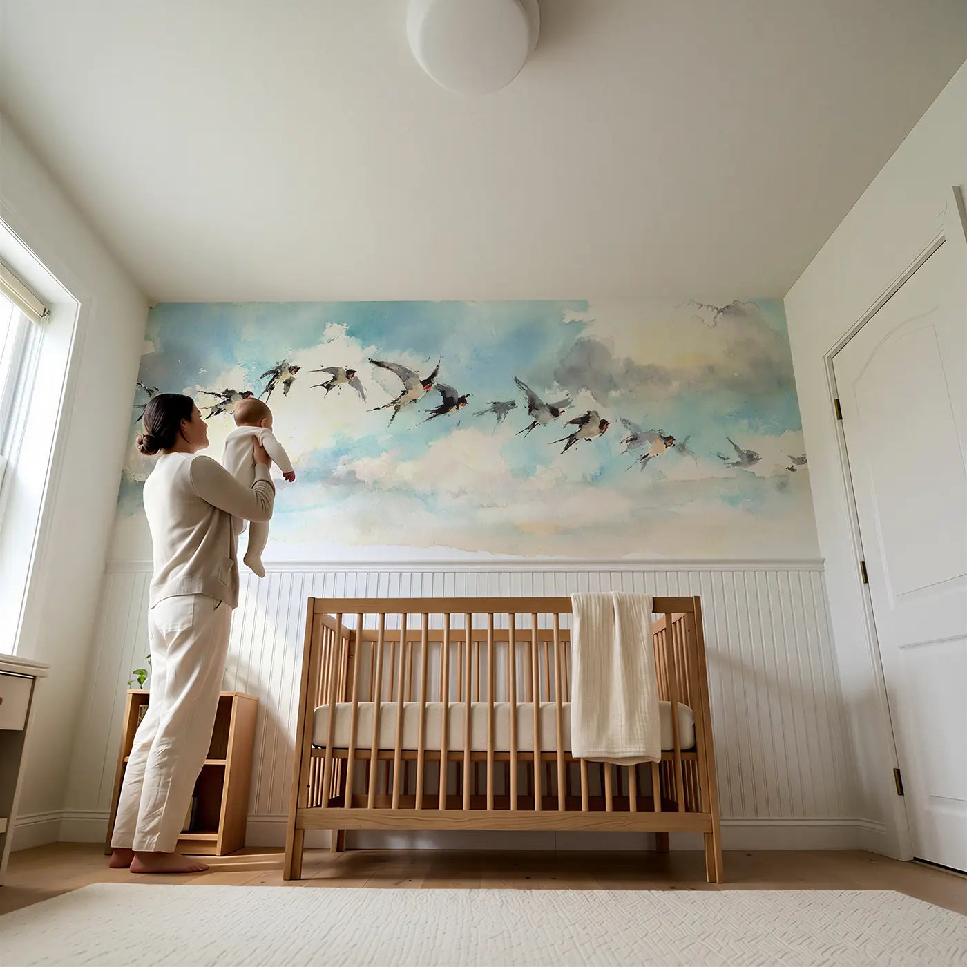 Child reading near Dreamy Sky Swallow Dance Wainscoting Wallpaper by Whimsy Tots