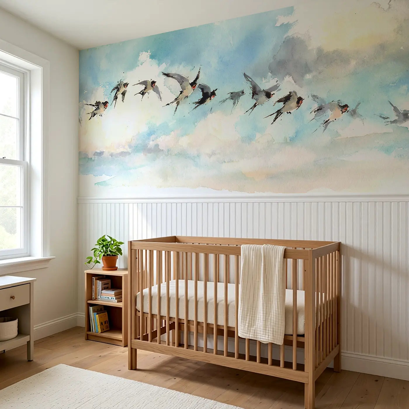 Dreamy Sky Swallow Dance Wainscoting Wallpaper styled in a kids bedroom by Whimsy Tots