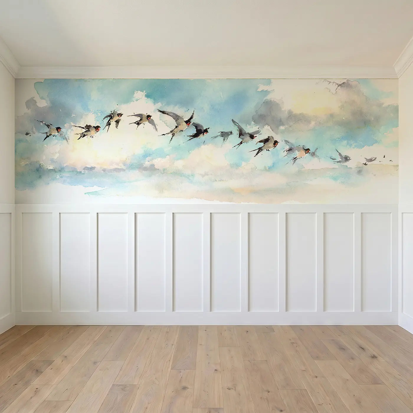 Full panel view of Dreamy Sky Swallow Dance Wainscoting Wallpaper by Whimsy Tots