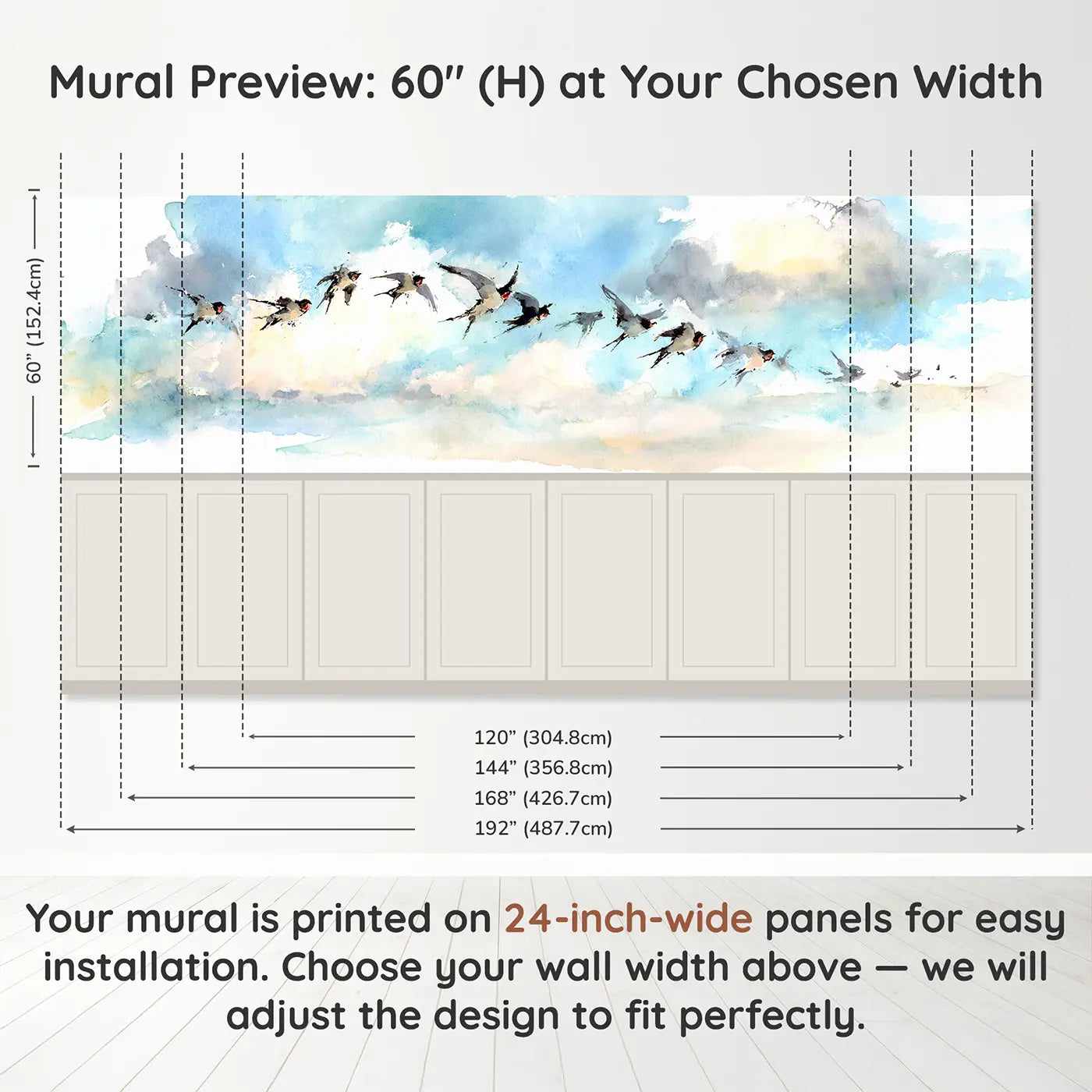 Panel dimensions for Dreamy Sky Swallow Dance Wainscoting Wallpaper by Whimsy Tots