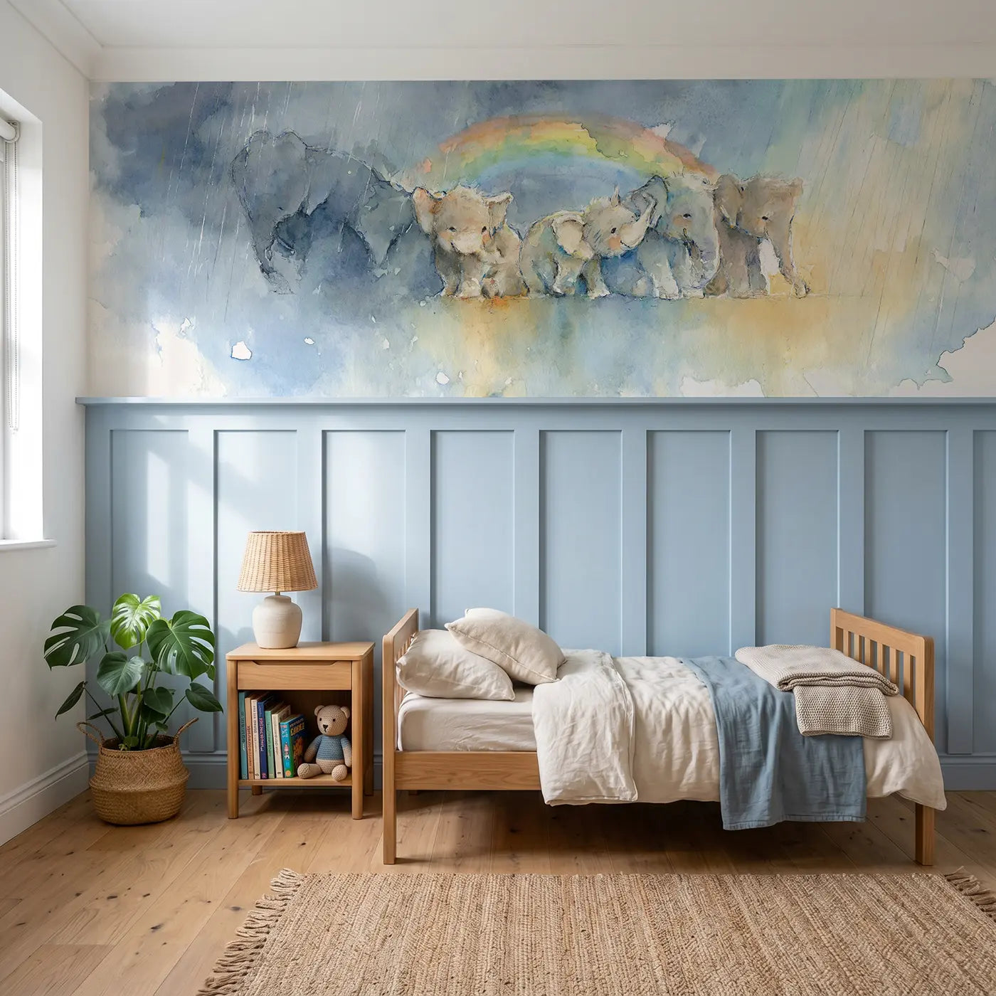 Watercolor rainbow after rain clouds wainscoting wallpaper for nursery by Whimsy Tots